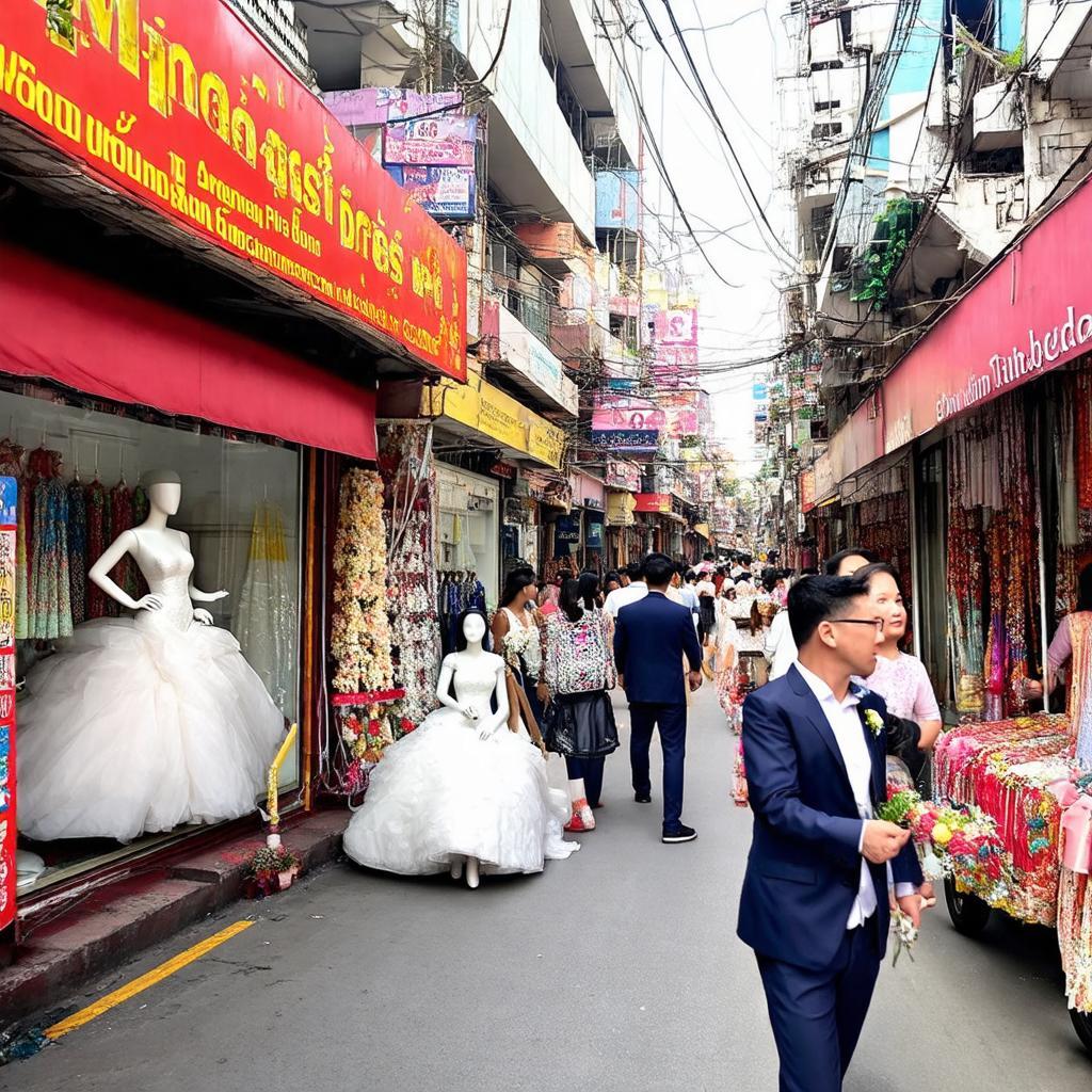 Cảnh quan đường Hồ Văn Huê sầm uất với nhiều cửa hàng áo cưới, váy vóc rực rỡ