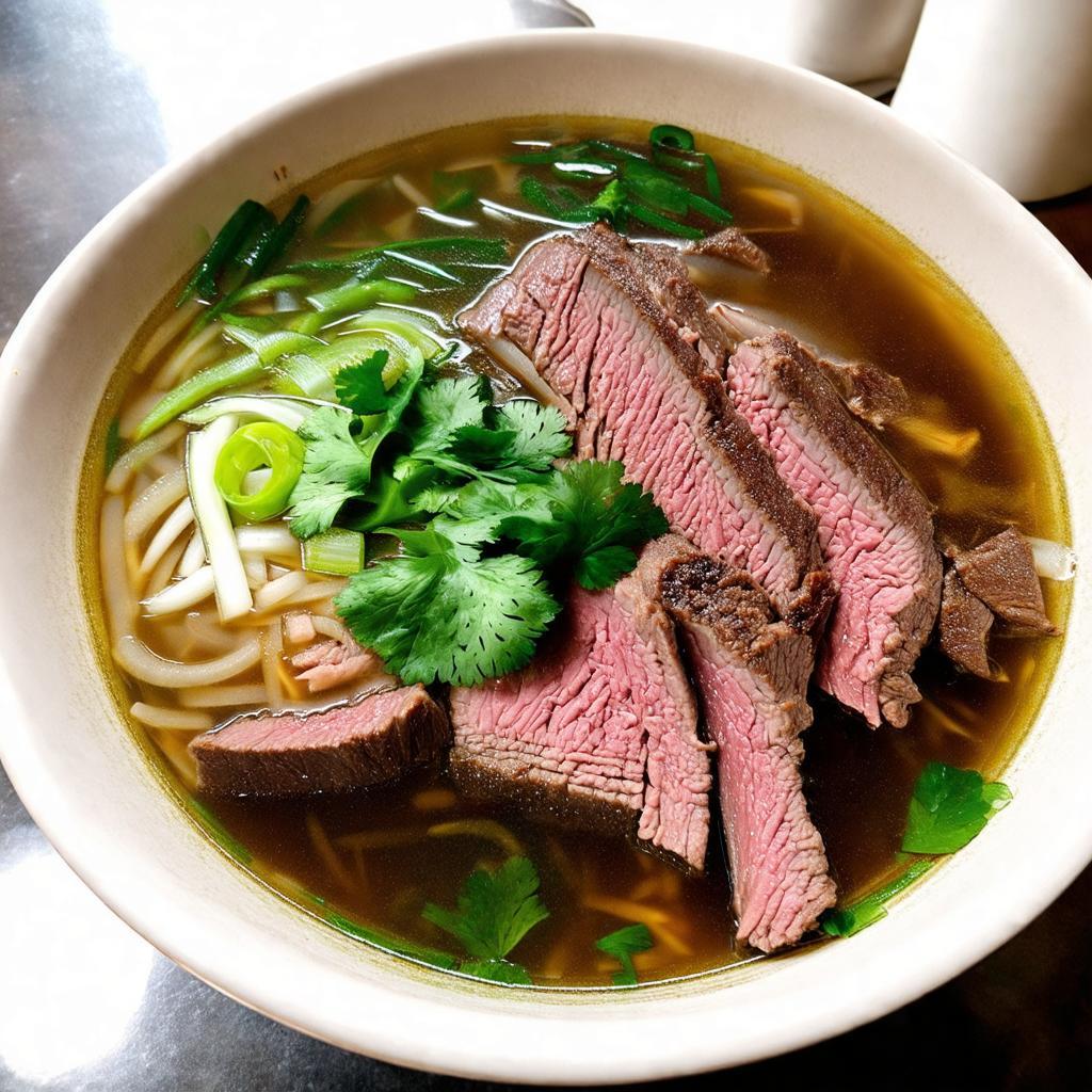 Một bát phở bò tái, nạm đầy đặn với nước dùng trong vắt tại Phở Hòa Pasteur