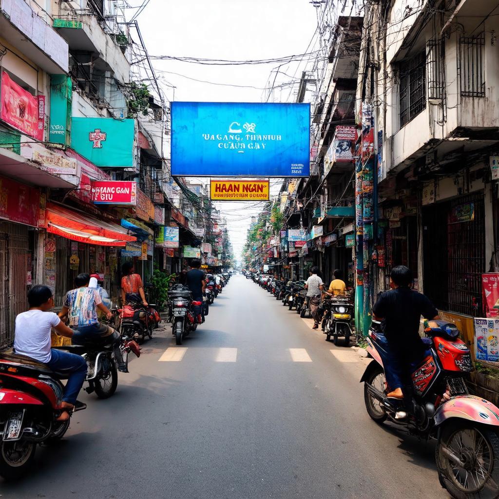 Quang cảnh nhộn nhịp trên Phố Hoàng Ngân, Cầu Giấy, Hà Nội với nhiều cửa hàng và tòa nhà.
