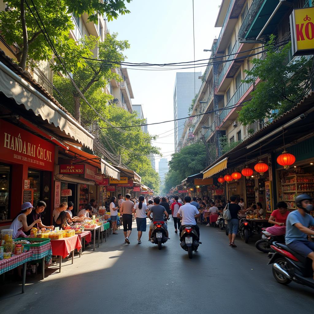 Toàn cảnh phố Nhân Hòa Thanh Xuân Hà Nội sầm uất, nhiều cửa hàng, dịch vụ