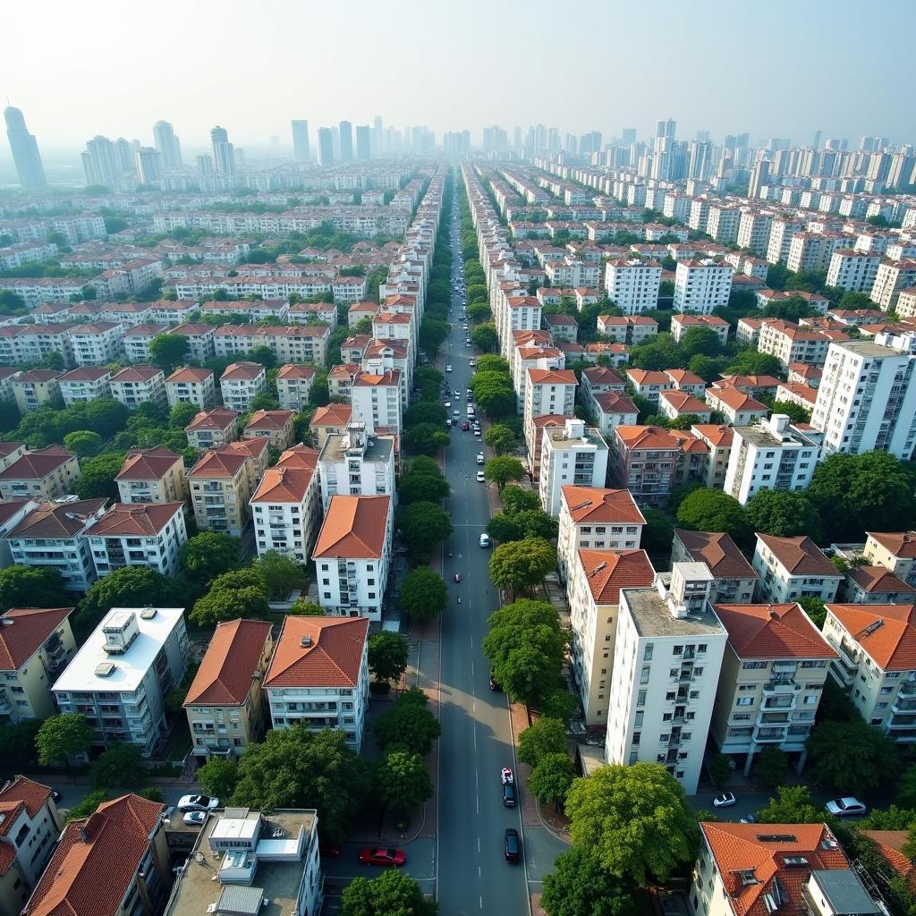 Toan canh khu vuc Pho Phuong Liet voi cac tien ich nhu truong hoc, benh vien va khu dan cu.