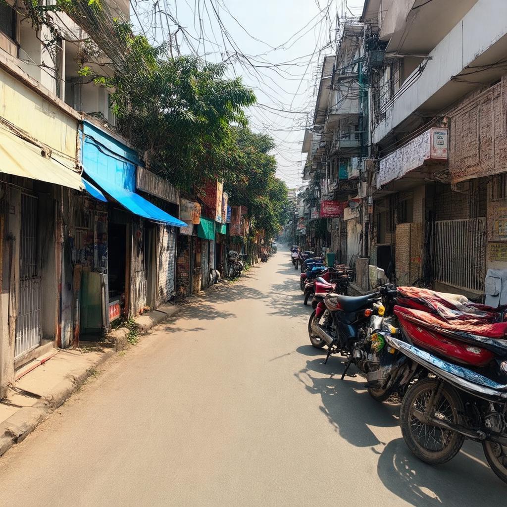 Quan cảnh yên bình của một con phố nhỏ ở Hoàng Mai với các cửa hàng ven đường.