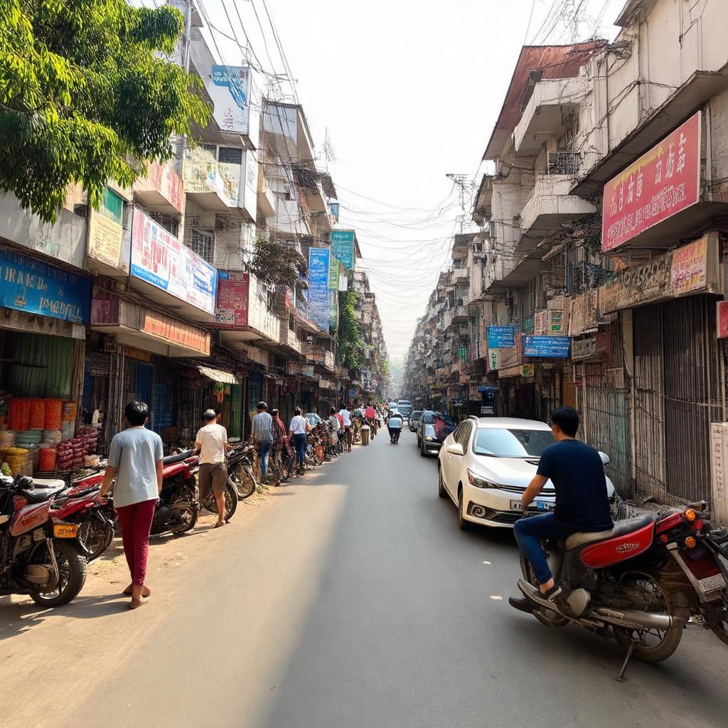 Con phố Trường Lâm, quận Long Biên, Hà Nội tấp nập với xe cộ và cửa hàng.