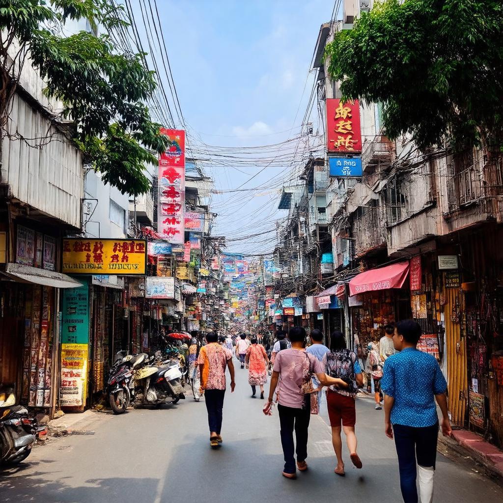 Quang cảnh sầm uất của Phố Viên Cổ Nhuế Hà Nội với nhiều cửa hàng và người qua lại