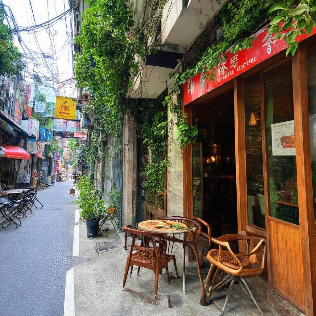 Góc quán cà phê yên tĩnh trên Phố Yên Thế Ba Đình, Hà Nội với cây xanh và kiến trúc cổ