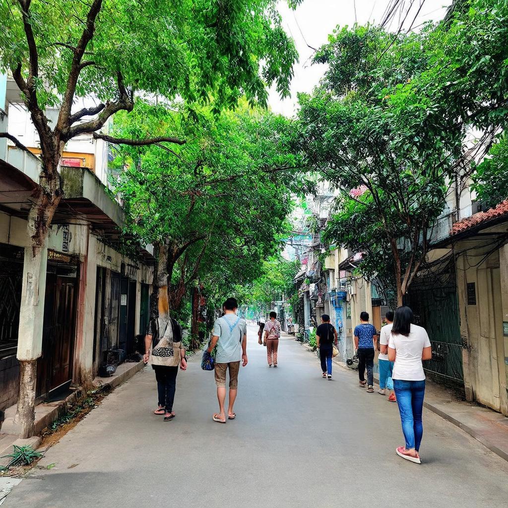 Một góc yên bình trên phố Đặng Thai Mai với cây xanh và kiến trúc độc đáo, thể hiện không gian sống đặc trưng của khu vực Tây Hồ Hà Nội
