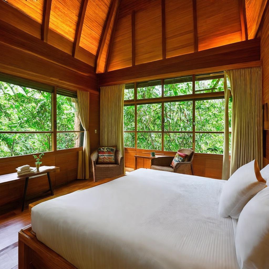 Bên trong một căn Bungalow tại An Mộc Gia với nội thất gỗ ấm cúng và view vườn