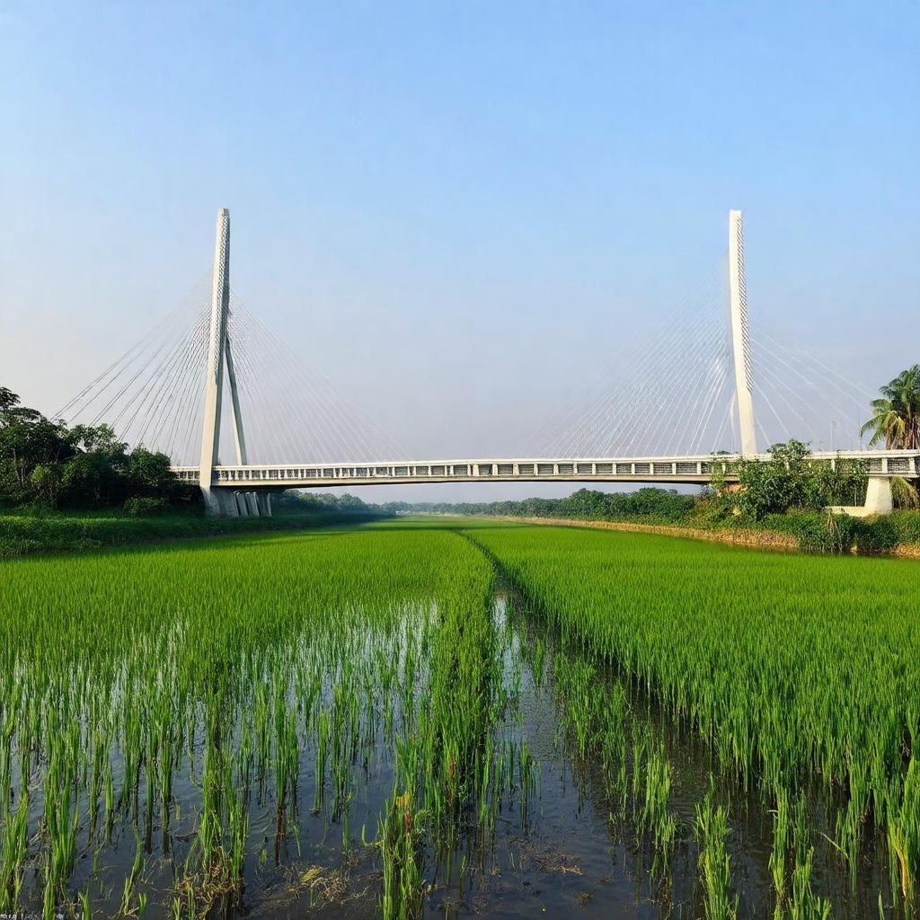 Khung cảnh yên bình quanh Cầu Đa Phúc, Sóc Sơn, với cánh đồng hoặc sông nước.