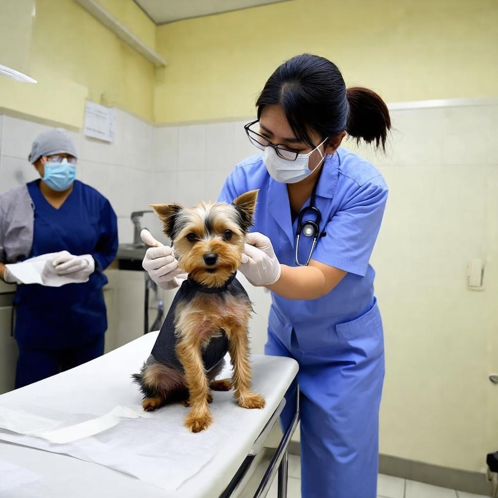 Bác sĩ thú y tại Phòng khám Như Ý, Quận 8 đang nhẹ nhàng thăm khám cho một chú chó nhỏ trên bàn khám trong phòng khám sạch sẽ