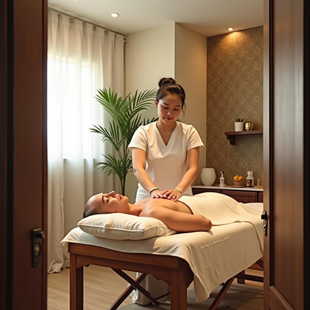 Không gian bên trong phòng massage Đông Dương Rạch Giá với kỹ thuật viên đang thao tác