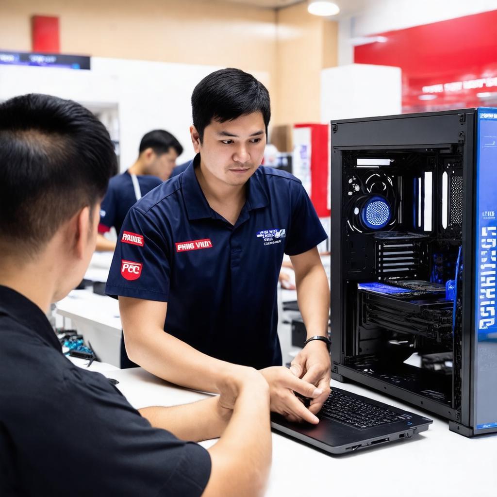 Nhân viên Phong Vũ Thái Hà đang tư vấn và lắp đặt máy tính cho khách hàng.