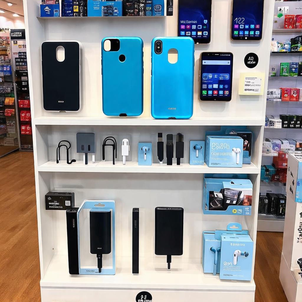 Kệ trưng bày phụ kiện điện thoại đa dạng tại Ngọc Thúy Mobile 176 Trương Định