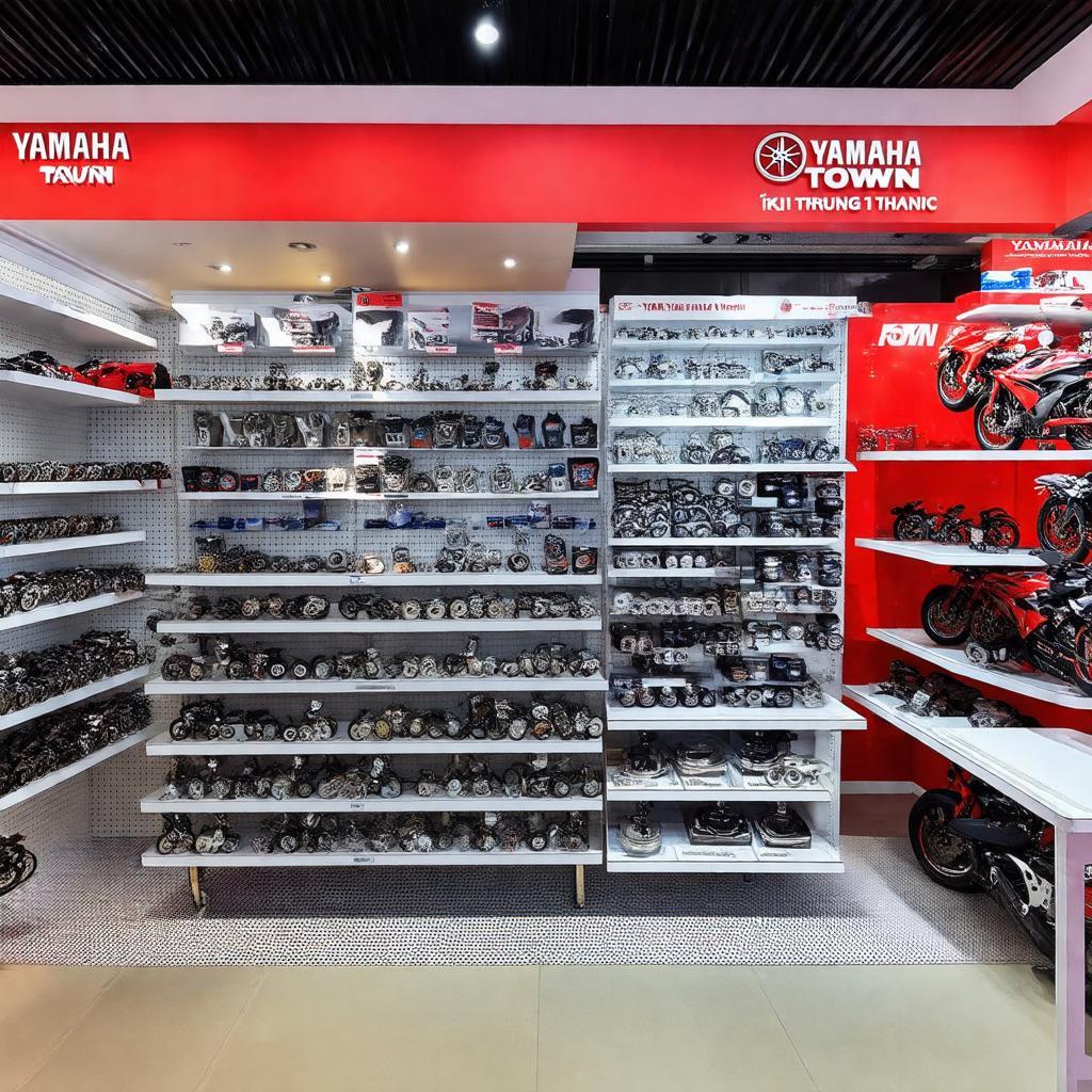 Khu vực trưng bày phụ tùng và phụ kiện chính hãng Yamaha tại Yamaha Town Trung Thành, đa dạng và đầy đủ