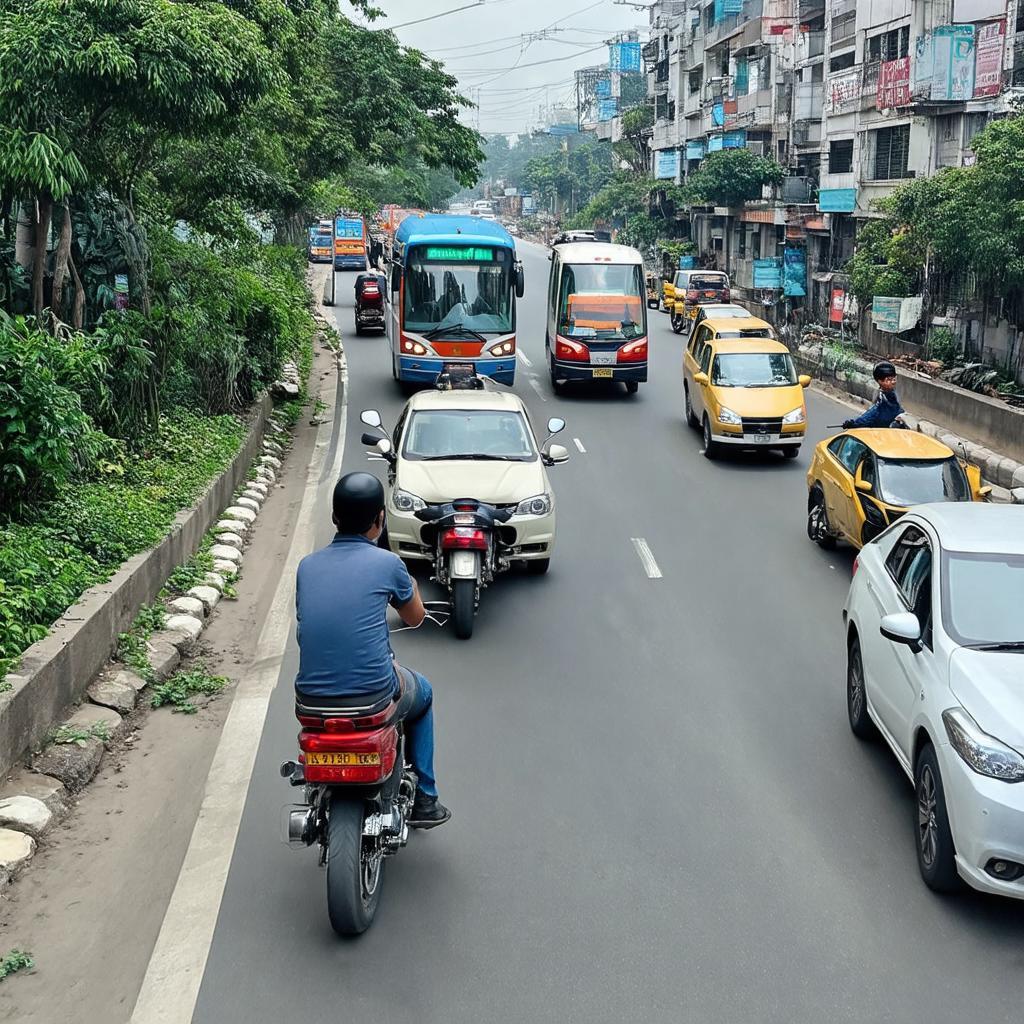 Các phương tiện di chuyển phổ biến như xe máy, ô tô, xe buýt trên đường từ Cầu Tó đến Thanh Liệt.