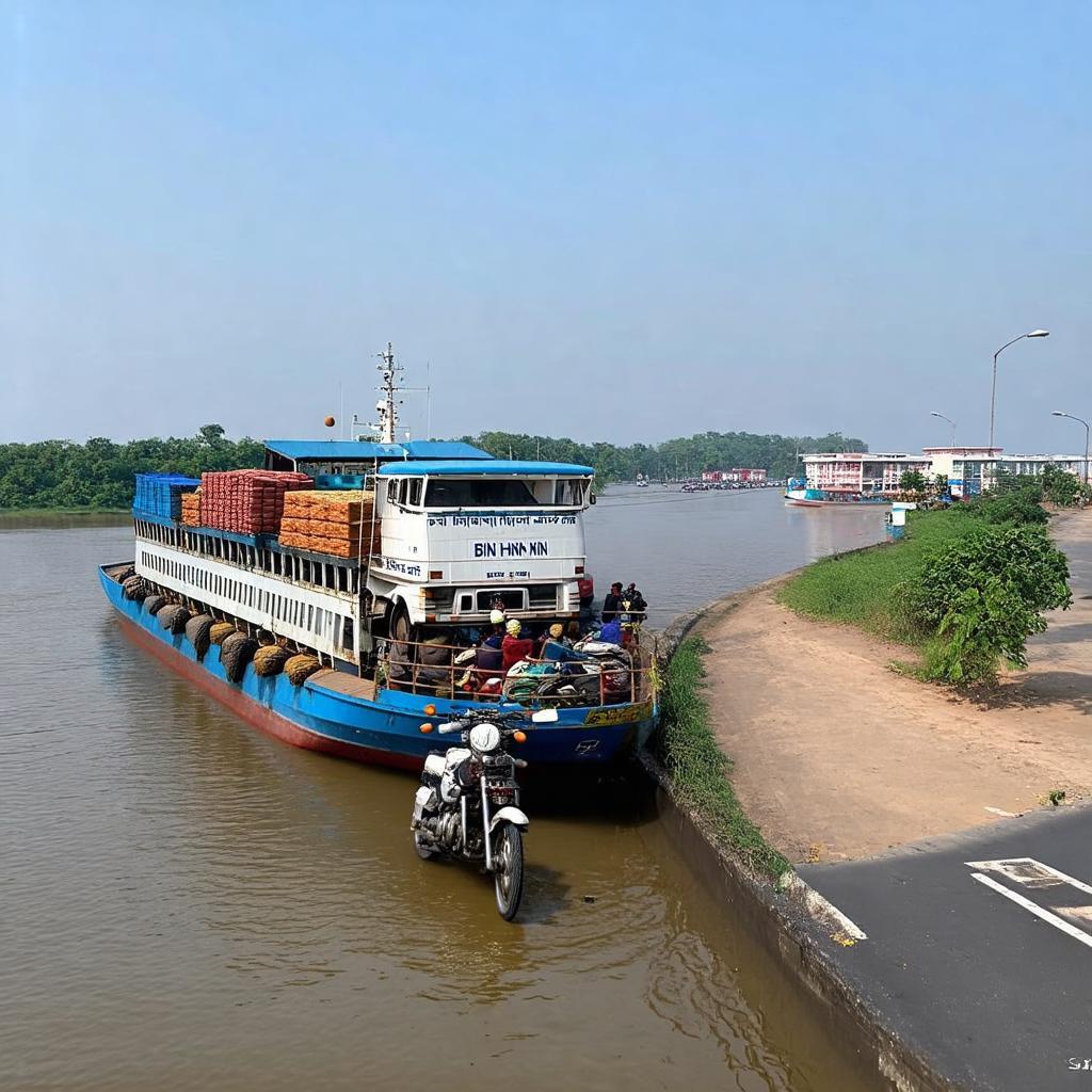 Xe tải nhỏ và ô tô di chuyển trên Phà Bình Ninh, minh họa vai trò vận chuyển hàng hóa.