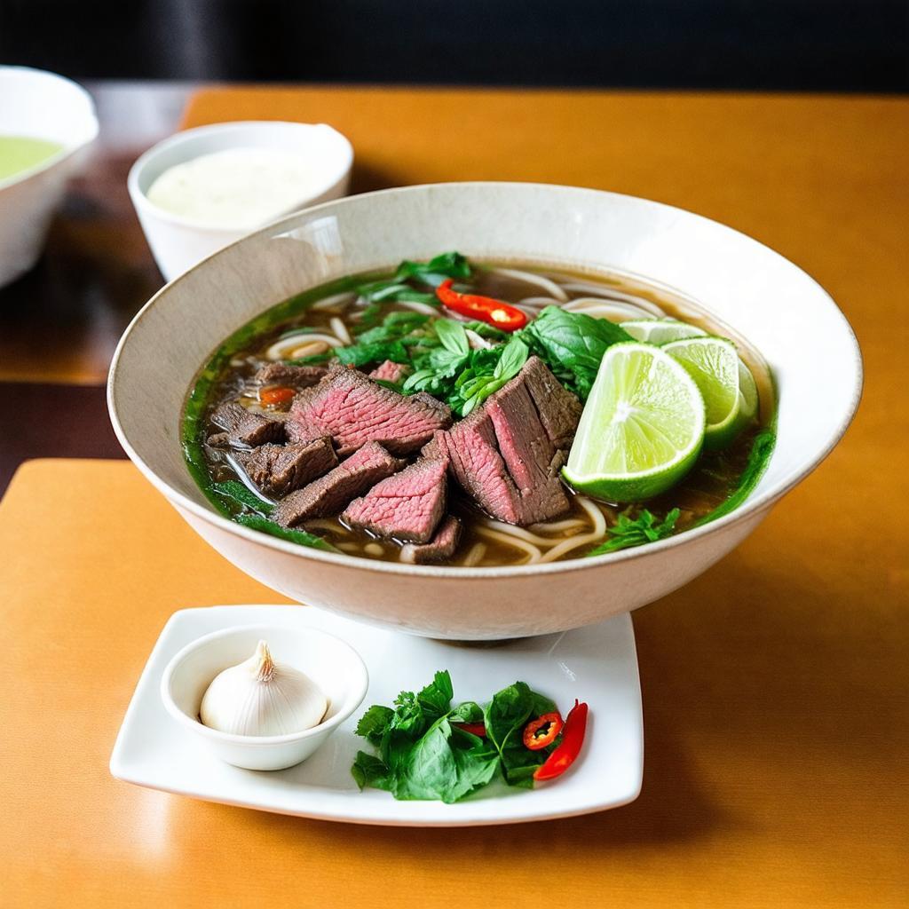 Bát phở Phương Mai ngon mắt với bánh phở dai mềm và rau thơm tươi xanh ăn kèm.