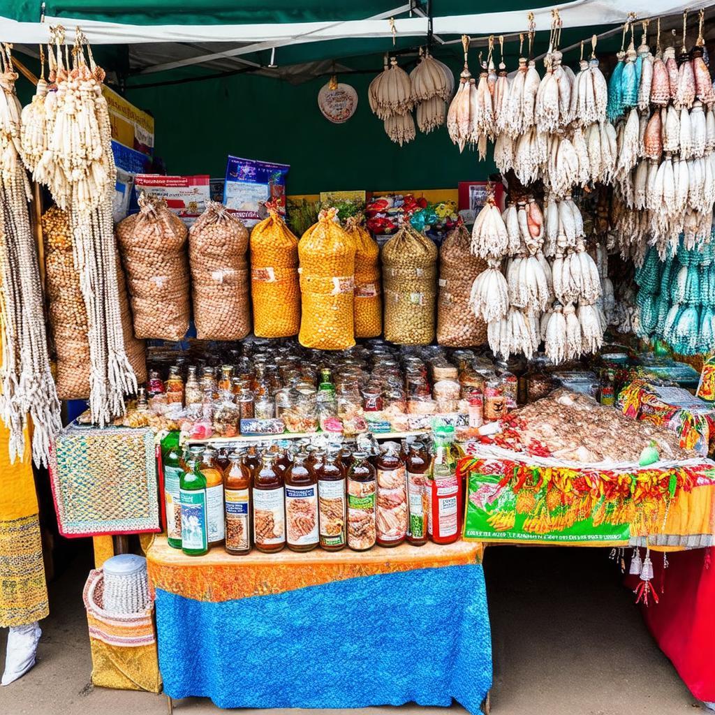 Các gian hàng bày bán quà lưu niệm thủ công, đặc sản Phú Quốc như tiêu, nước mắm, ngọc trai tại chợ đêm Dương Đông.