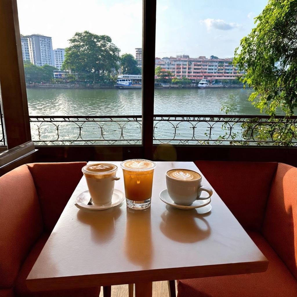 Một quán cà phê có view đẹp nhìn ra Hồ Tây trên phố Vòng Thị, không gian thư giãn, đồ uống trên bàn.