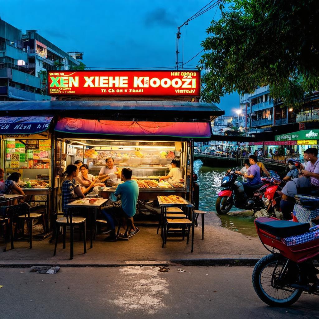 Quan cảnh bên ngoài Xiên Khè Koozi, quán xiên khè đường phố đông đúc trên đường Trường Sa, Quận 3