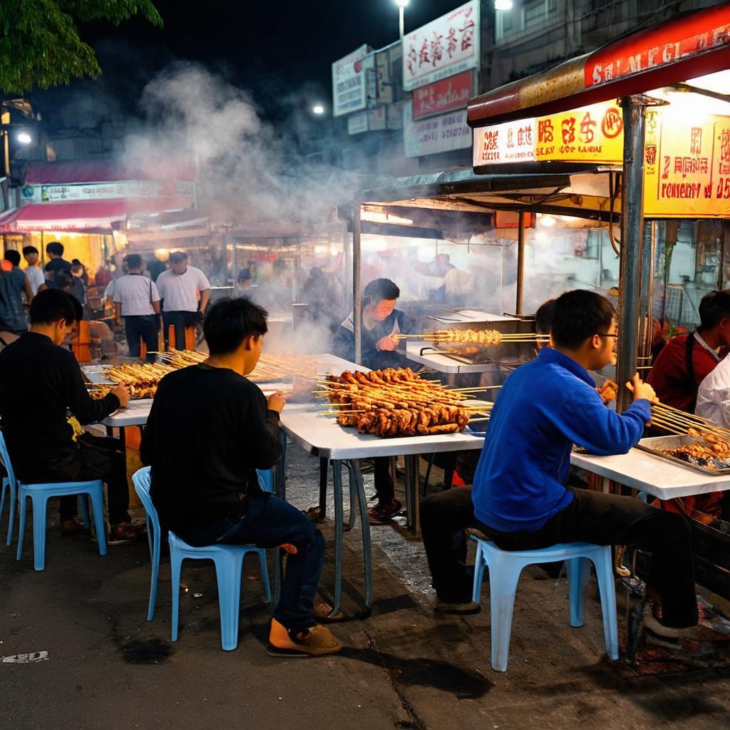 Không gian quán xiên khè vỉa hè Sài Gòn đông đúc thực khách thưởng thức món ăn bình dân.