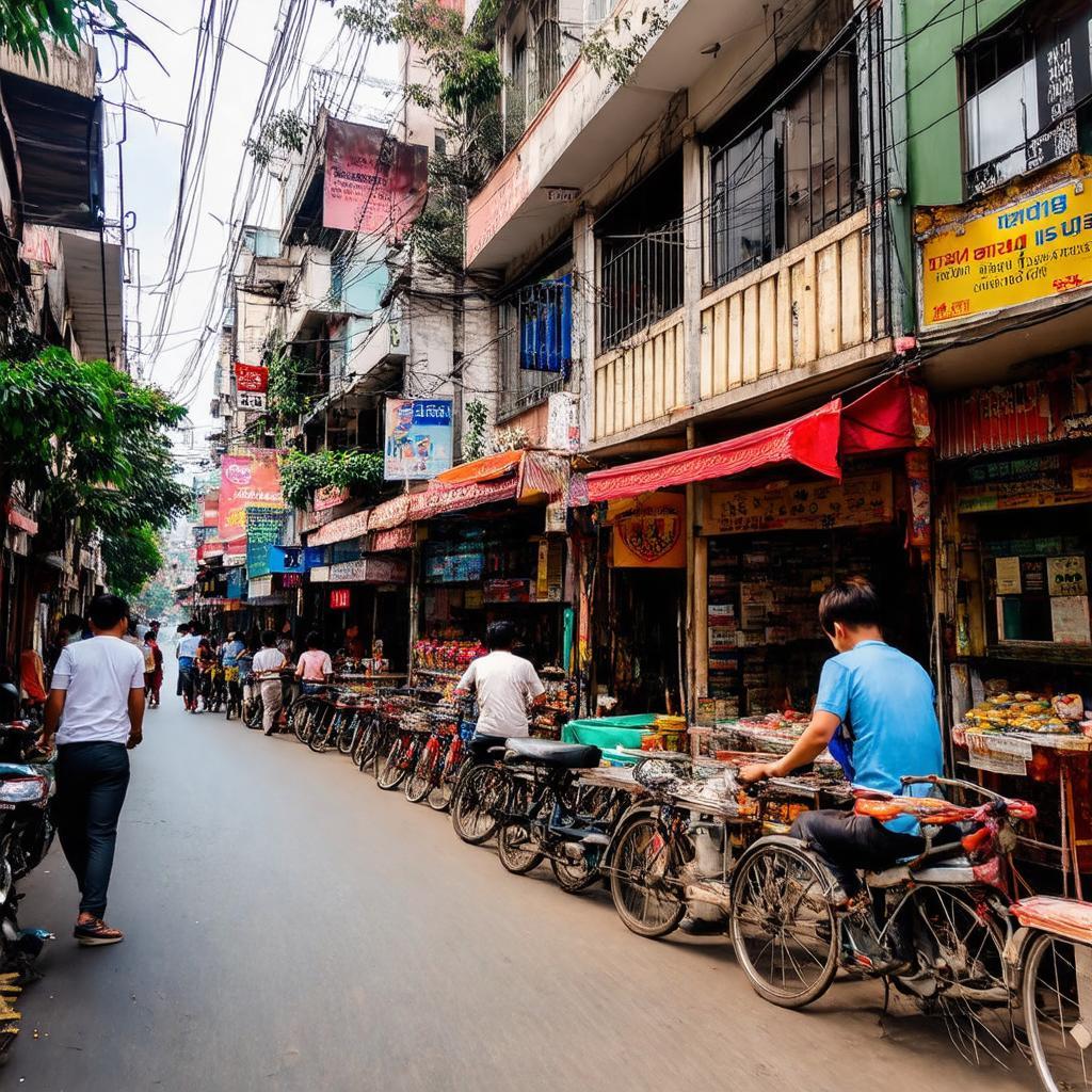 Hình ảnh quang cảnh sầm uất trên đường Trần Duy Hưng với nhiều cửa hàng, quán ăn và tiện ích đa dạng gần Đại học Lao động Xã hội.