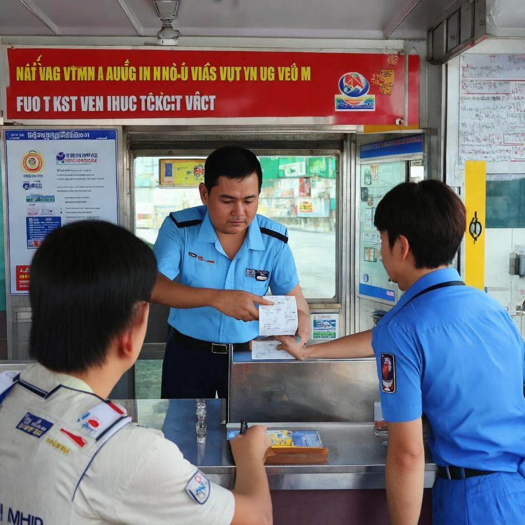 Quầy bán vé hoặc nhân viên đang hỗ trợ khách hàng đặt vé tại văn phòng nhà xe.