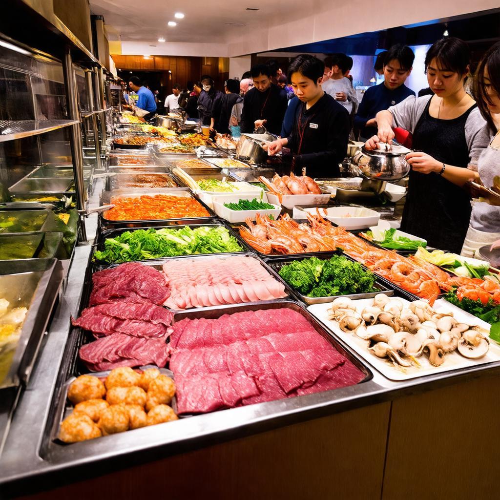 Quầy buffet đa dạng và hấp dẫn tại Manwah Giảng Võ với nhiều loại thịt, hải sản, viên thả lẩu tươi ngon.