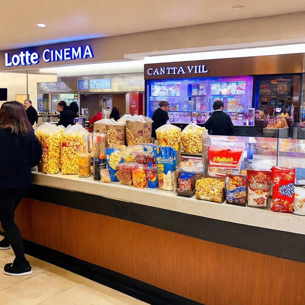 Quầy phục vụ bắp nước và combo đa dạng tại rạp Lotte Cinema Cantavil.