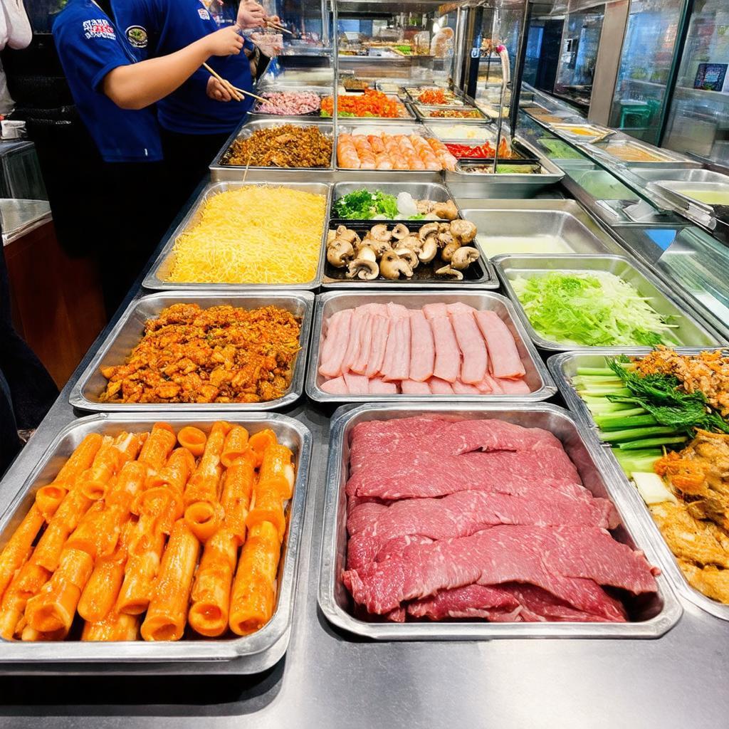 Quầy line buffet Dookki Long Xuyen voi da dang tokbokki, cha ca, thit va rau cu tuoi ngon.