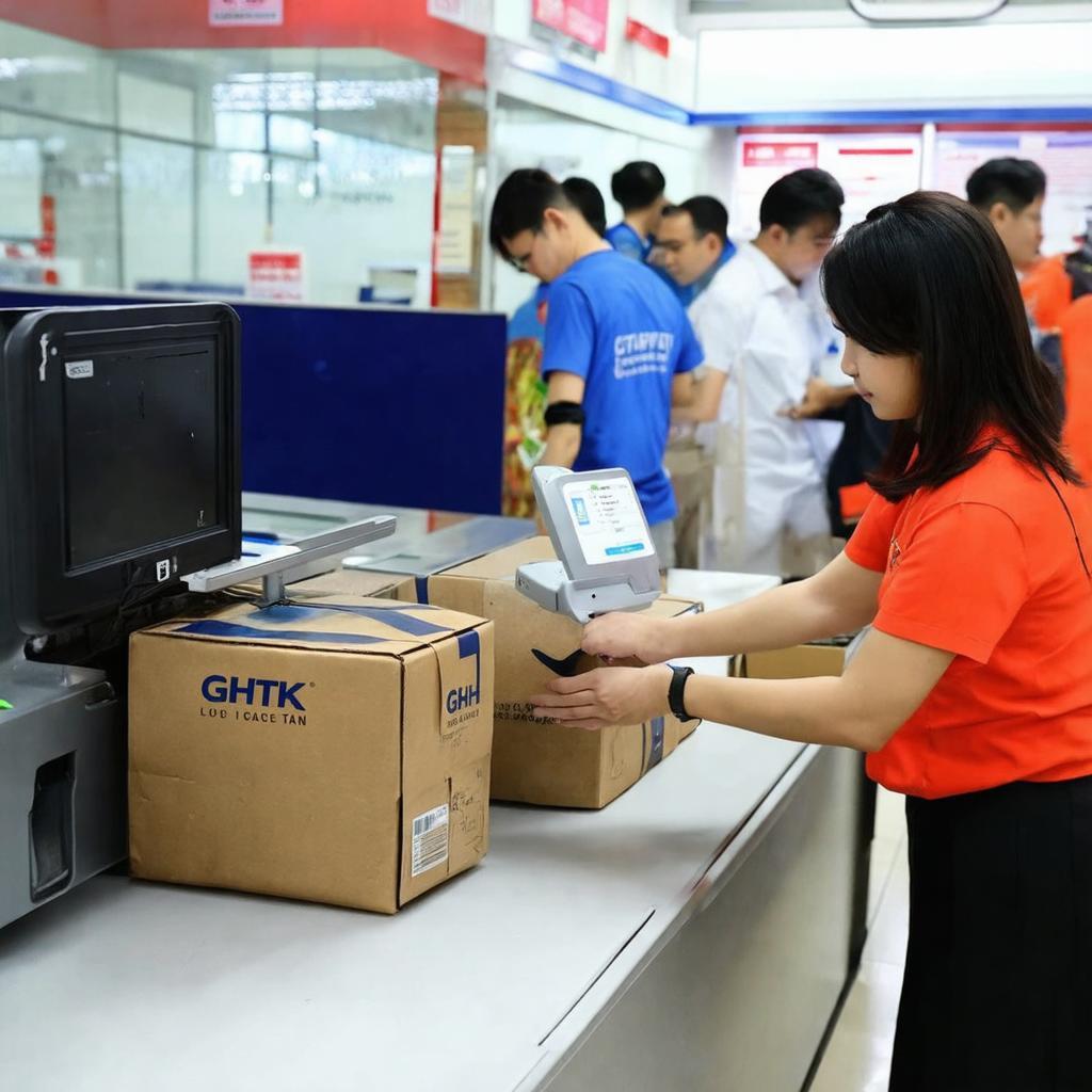 Khách hàng thực hiện quy trình gửi hàng tại bưu cục Giao Hàng Tiết Kiệm Lê Trọng Tấn