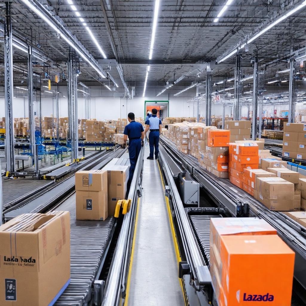 Hình ảnh quy trình phân loại hàng hóa tự động tại trung tâm logistics Lazada.