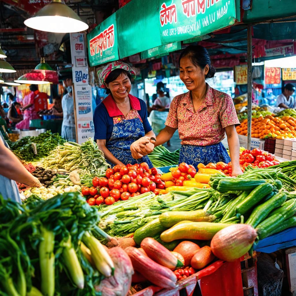 Rau củ quả tươi ngon bày bán tại quầy hàng trong Chợ Bến Lức Long An.
