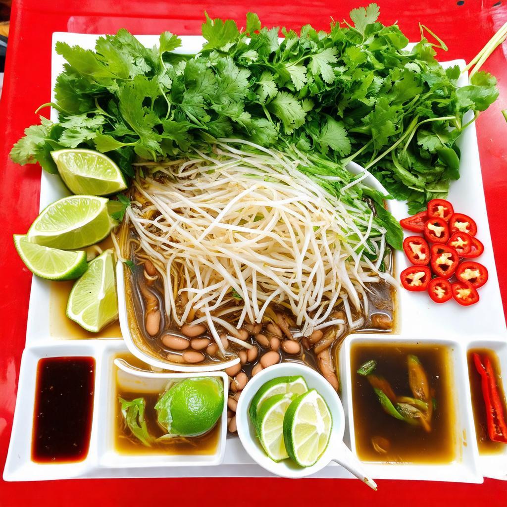 Các loại rau sống tươi ngon và tương đen, tương đỏ ăn kèm phở tại Phở Hòa Pasteur