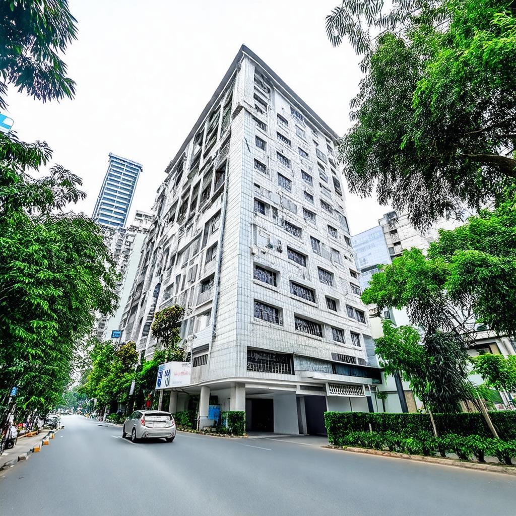 Tổng quan bên ngoài tòa nhà Rose Garden Tower 170 Ngọc Khánh, Ba Đình, Hà Nội với kiến trúc hiện đại và cây xanh xung quanh.