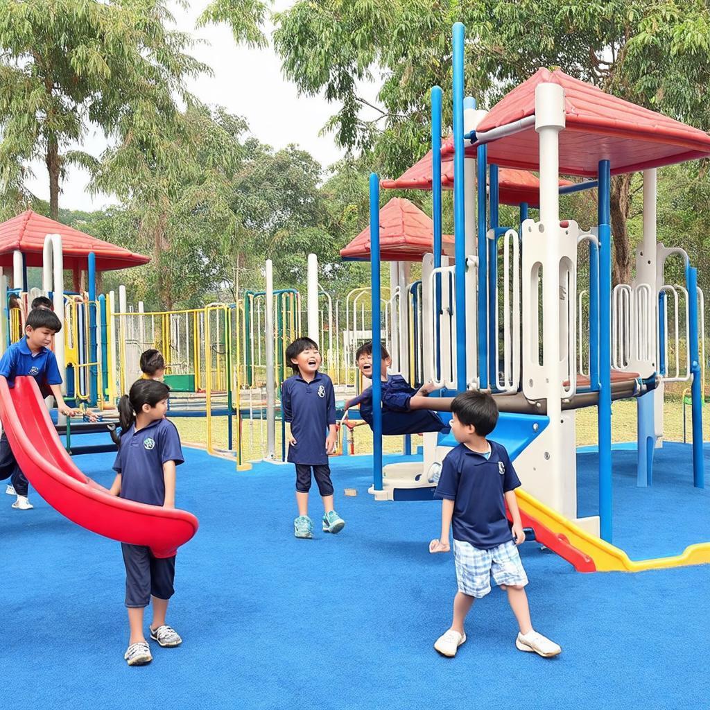 Học sinh vui chơi trên sân trường Trường Tiểu Học Hà Khẩu, Hạ Long