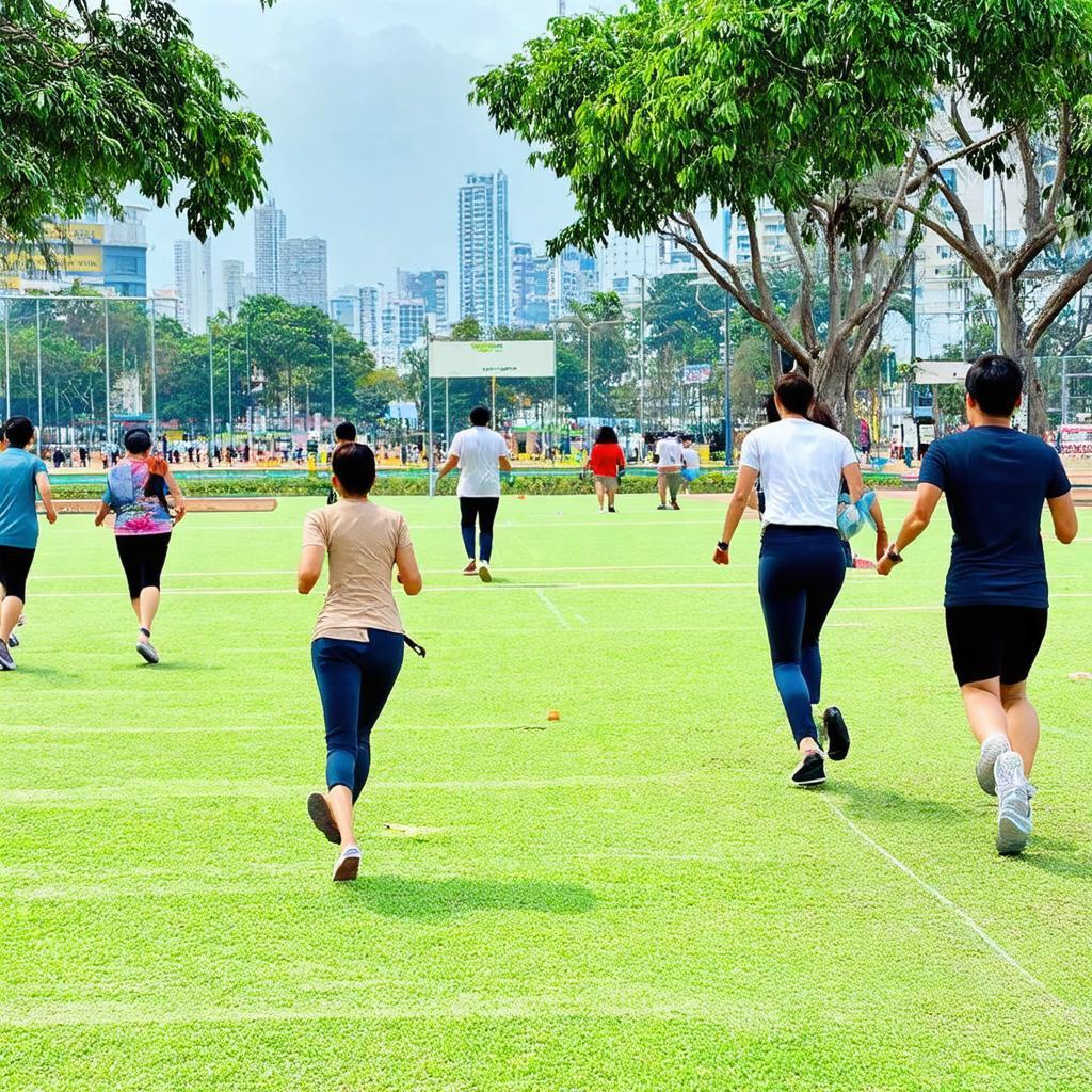 Quang cảnh Sân Hoàng Minh Giám tại Đà Nẵng với nhiều người đang tập thể dục và vui chơi