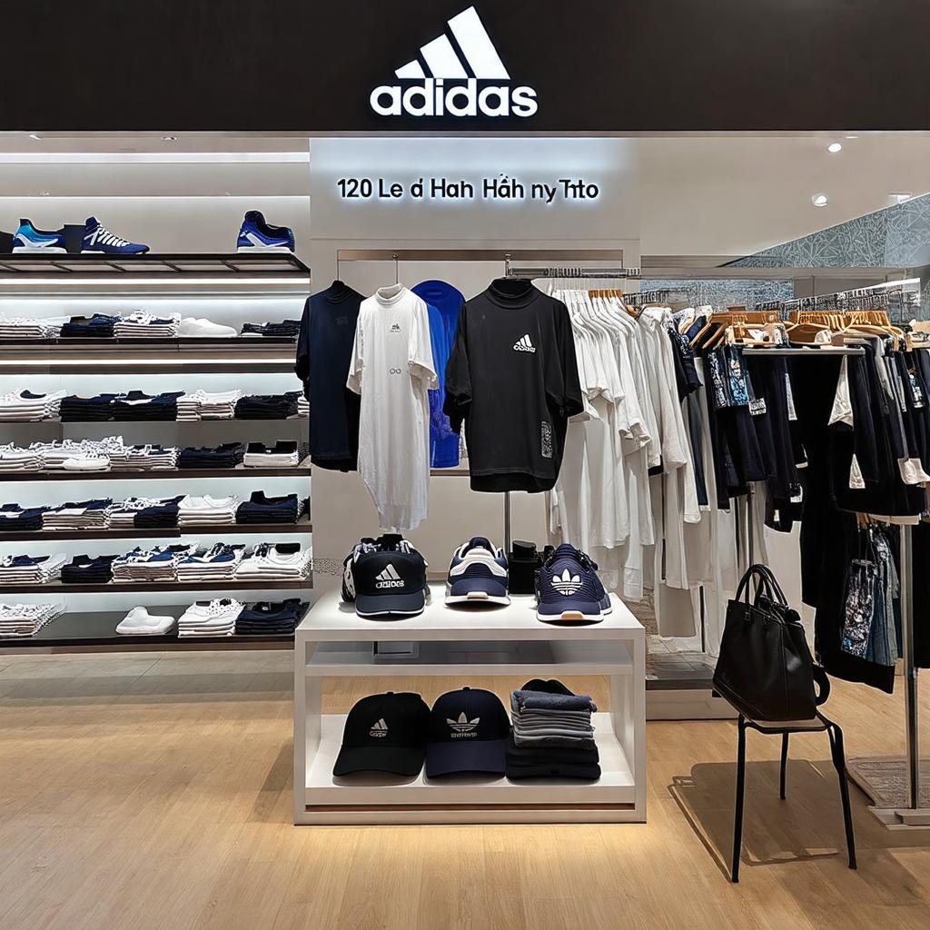 Các sản phẩm đa dạng của Adidas tại cửa hàng 120 Lê Đại Hành, Mỹ Tho, bao gồm giày dép, quần áo và phụ kiện thể thao