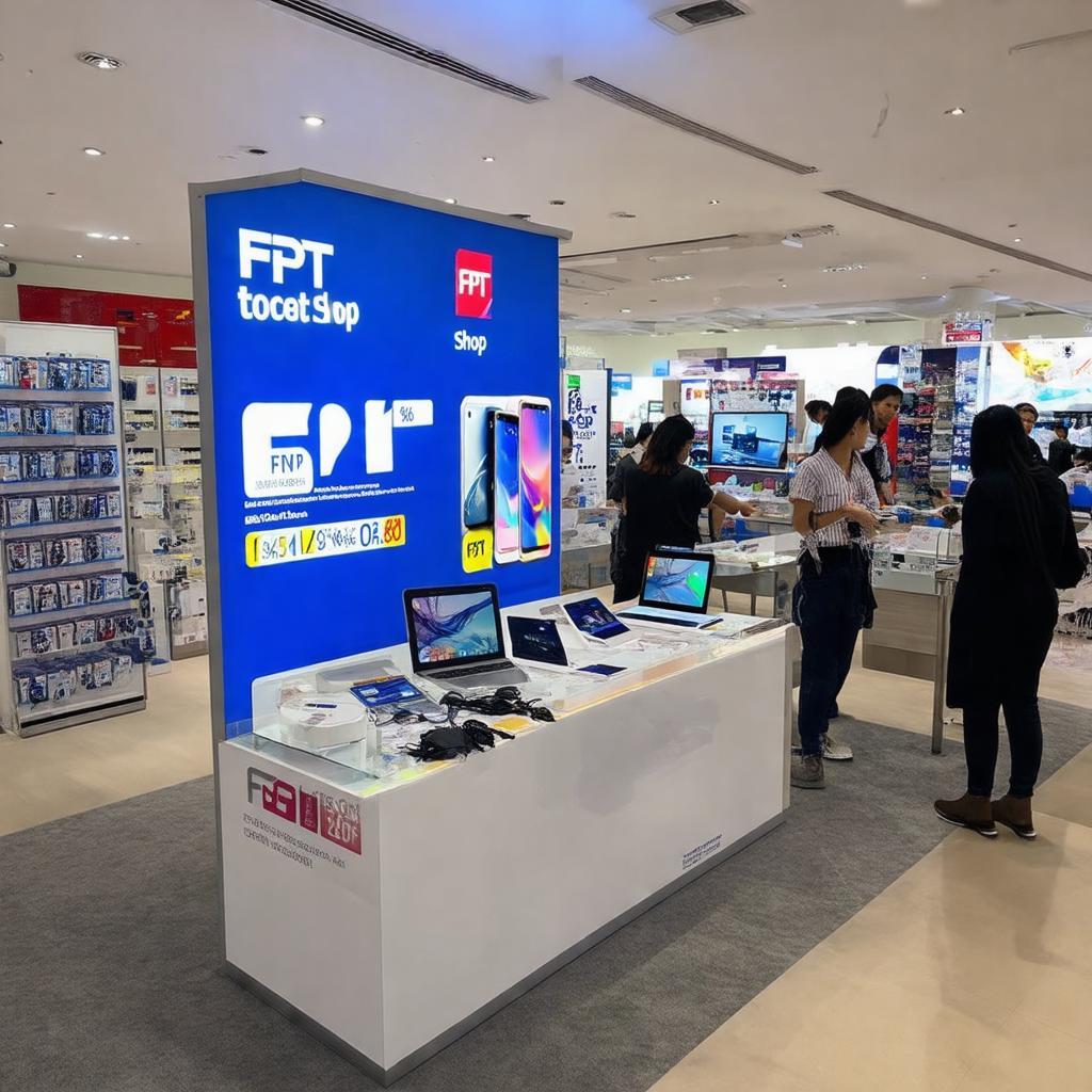 Khu vực trưng bày sản phẩm điện thoại, laptop tại FPT Shop với biển thông báo khuyến mãi.