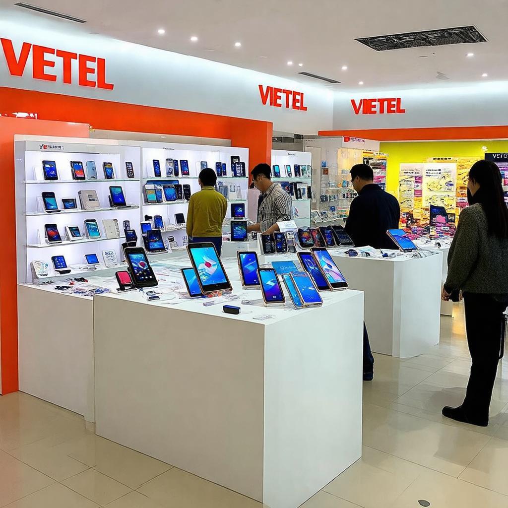 Khu trưng bày điện thoại, phụ kiện và sản phẩm công nghệ mới tại Viettel Store.