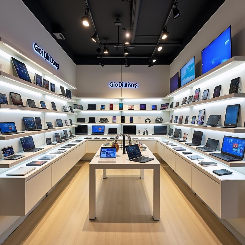 Cac san pham cong nghe nhu dien thoai, laptop, phu kien dang duoc trung bay trong cua hang