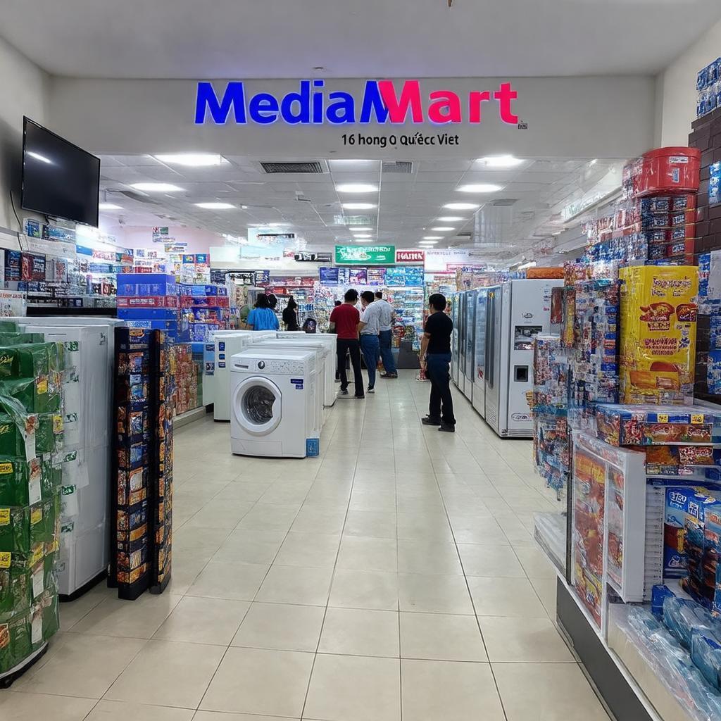 Ben trong sieu thi MediaMart 16 Hoang Quoc Viet trung bay da dang san pham dien may.