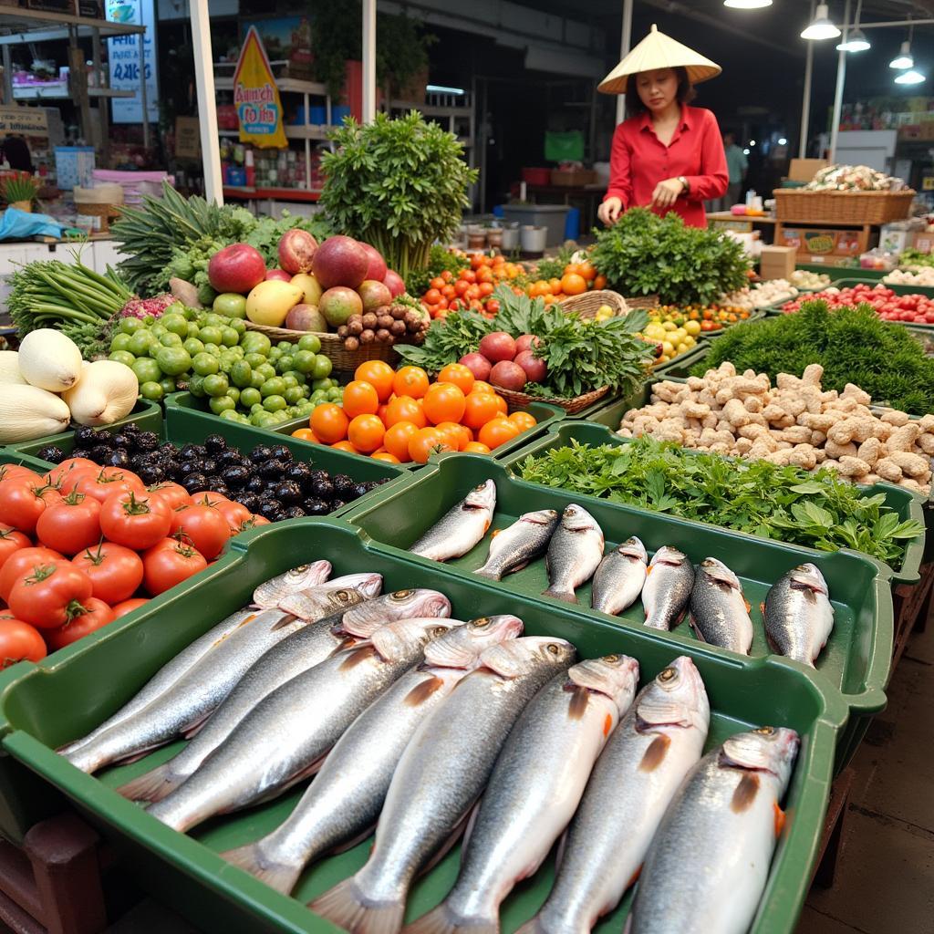 Sản vật tươi ngon và đa dạng bày bán tại Chợ Cái Tắc, Châu Thành A, Hậu Giang, bao gồm rau củ, cá tôm và trái cây địa phương