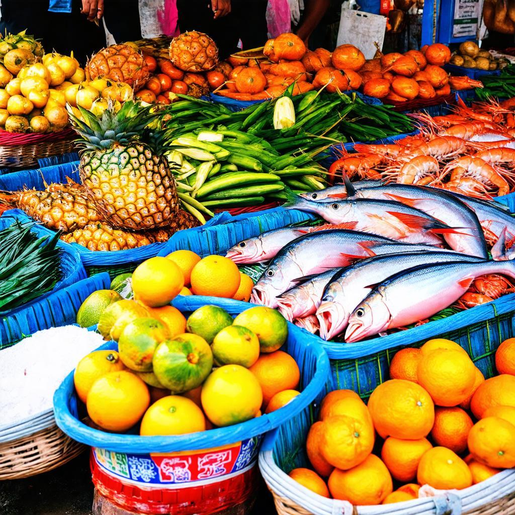 Các loại nông sản, hải sản tươi sống và đặc sản địa phương được bày bán phong phú tại Chợ Vĩnh Viễn.