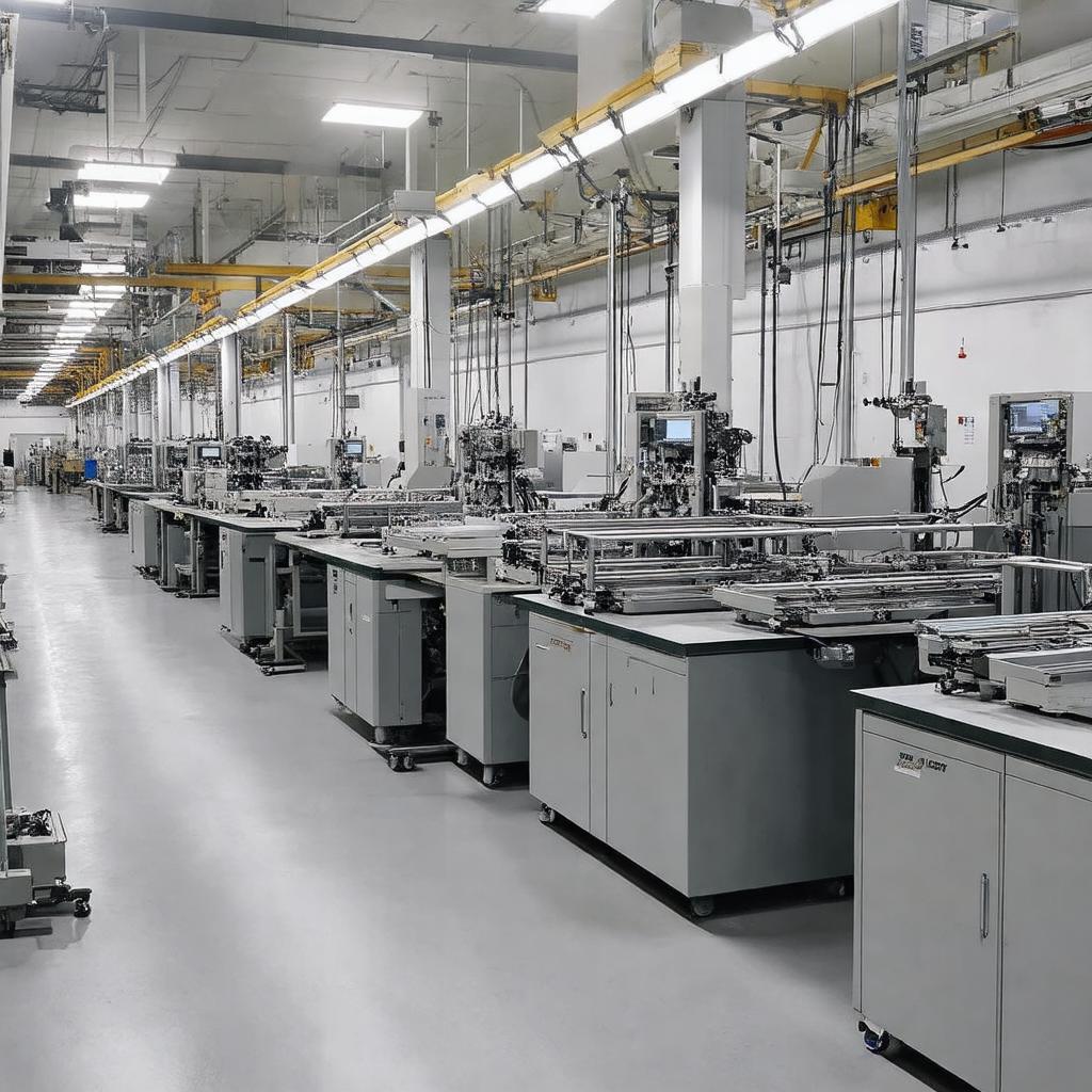 Dây chuyền sản xuất linh kiện điện tử hoặc cơ khí chính xác hiện đại bên trong nhà máy.