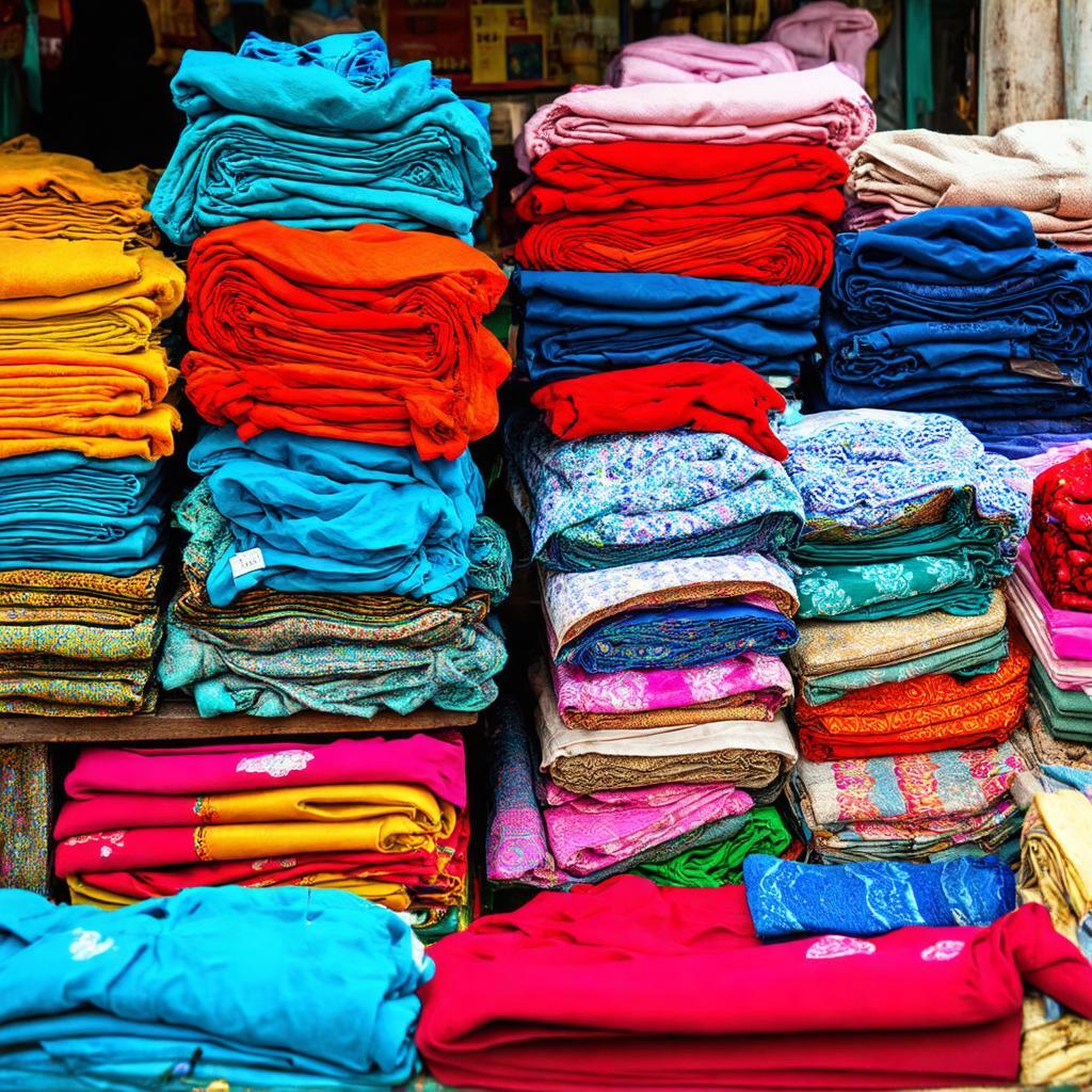 Hình ảnh các sạp hàng bày bán đa dạng quần áo secondhand (đồ si) và các loại vải đủ màu sắc tại chợ.
