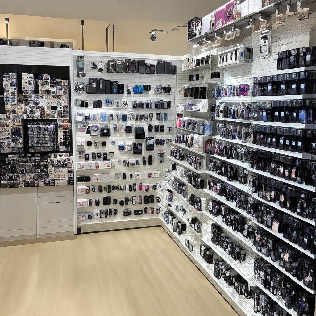 Gian hàng trưng bày phụ kiện điện thoại và máy tính bên trong shop ở Huỳnh Tấn Phát Quận 7