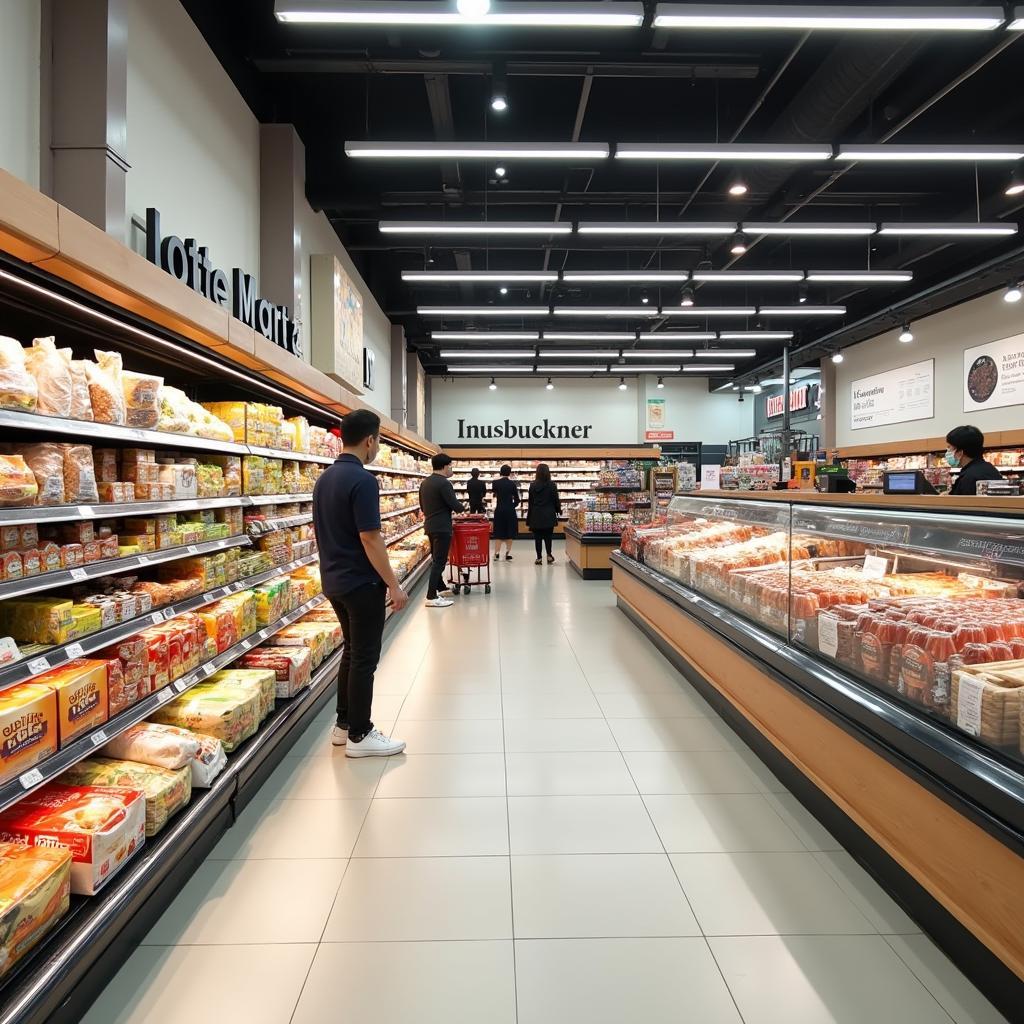 Bên trong siêu thị Lotte Mart Hà Đông với các kệ hàng đầy đủ sản phẩm.