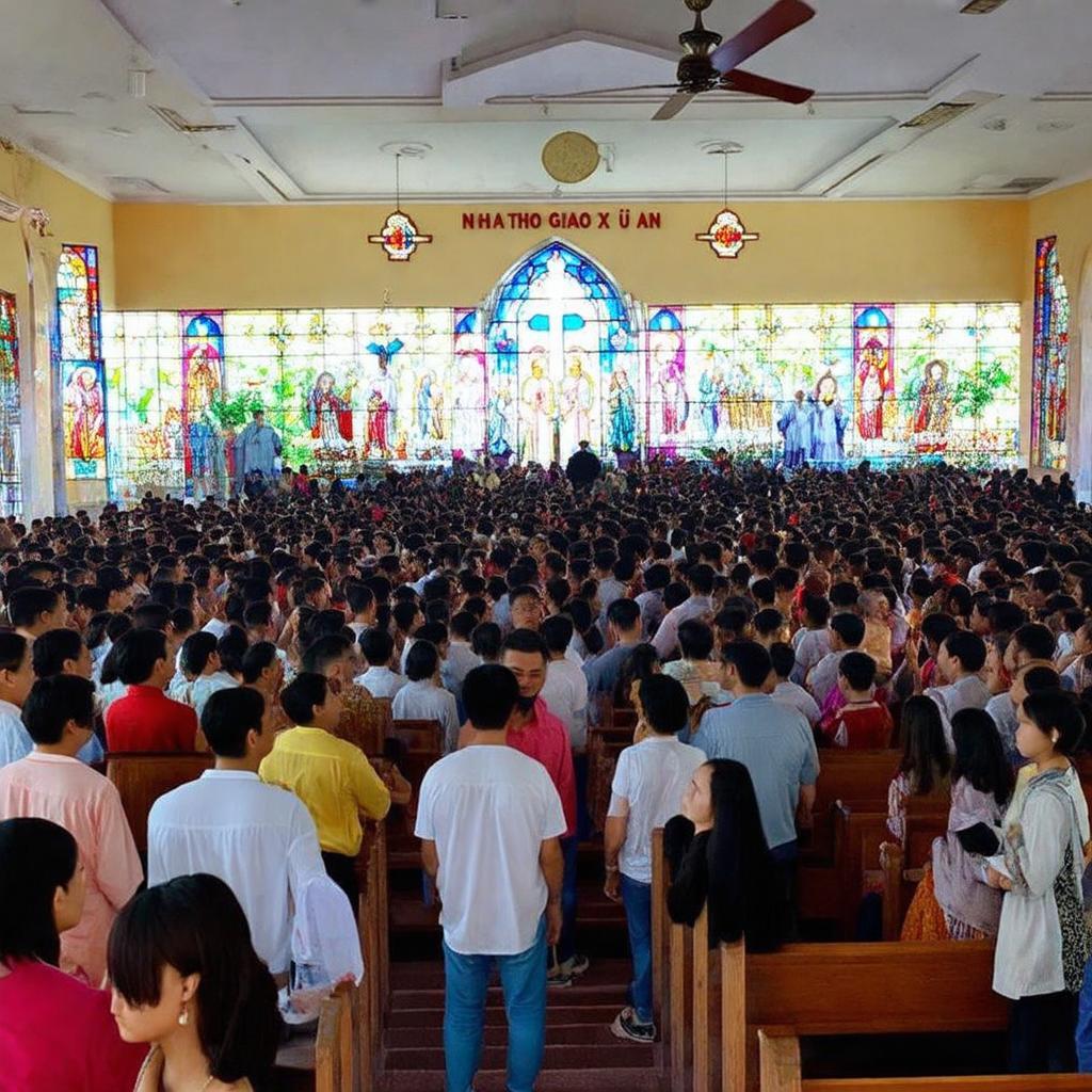 Cảnh sinh hoạt cộng đồng hoặc một buổi lễ tại Nhà Thờ Giáo Xứ Dĩ An với sự tham gia của đông đảo giáo dân
