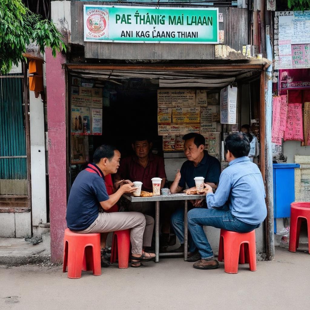 Cảnh sinh hoạt cộng đồng bình dị: người dân ngồi trò chuyện bên quán nước vỉa hè ở Phố Thanh Lân.