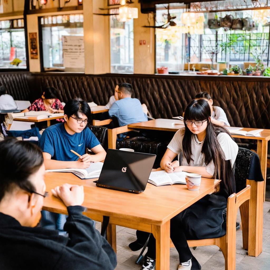 Sinh viên ngồi học nhóm hoặc làm bài trong một quán cà phê gần Trường Đại học Hoa Sen và Cao đẳng Cao Thắng.